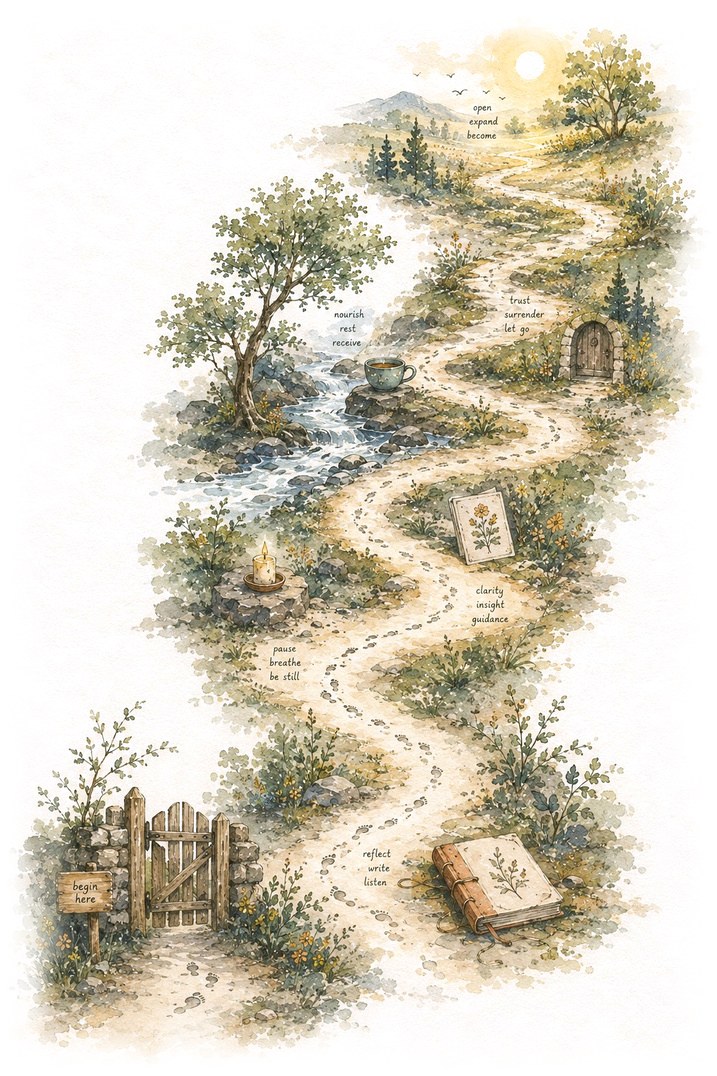 Watercolour illustration of a solitary winding trail beginning at a small gate and moving through hills, trees and a quiet stream towards an open sunlit clearing