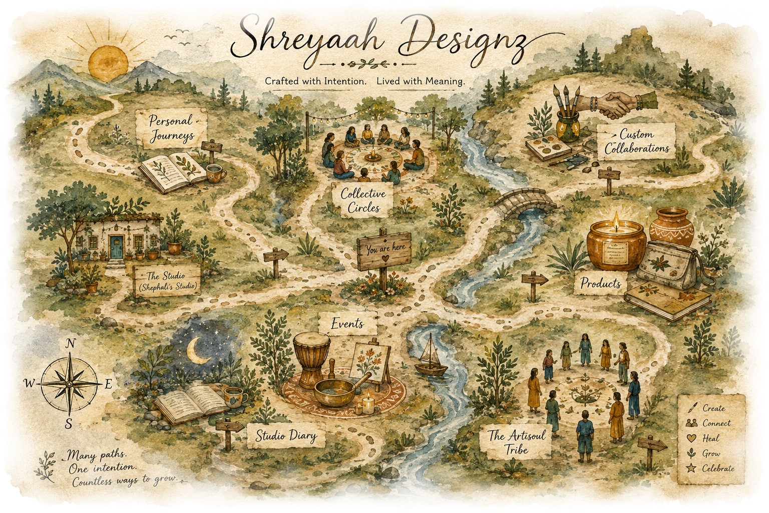 Hand-painted watercolour map of the Shreyaah's Bliss Trails landscape, with trails leading to Personal Journeys, Collective Circles, Custom Collaborations, Products, Events, the Studio Diary and The Artisoul Tribe
