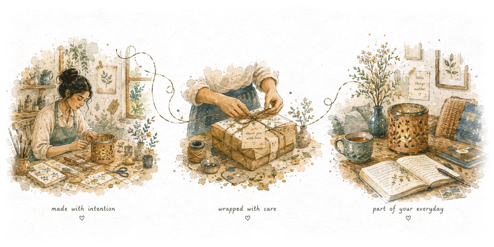 Watercolour illustration in three stages: hands crafting an object in a small studio, the finished object being wrapped with care, and the object sitting in someone's home beside a journal, a plant and a cup of tea