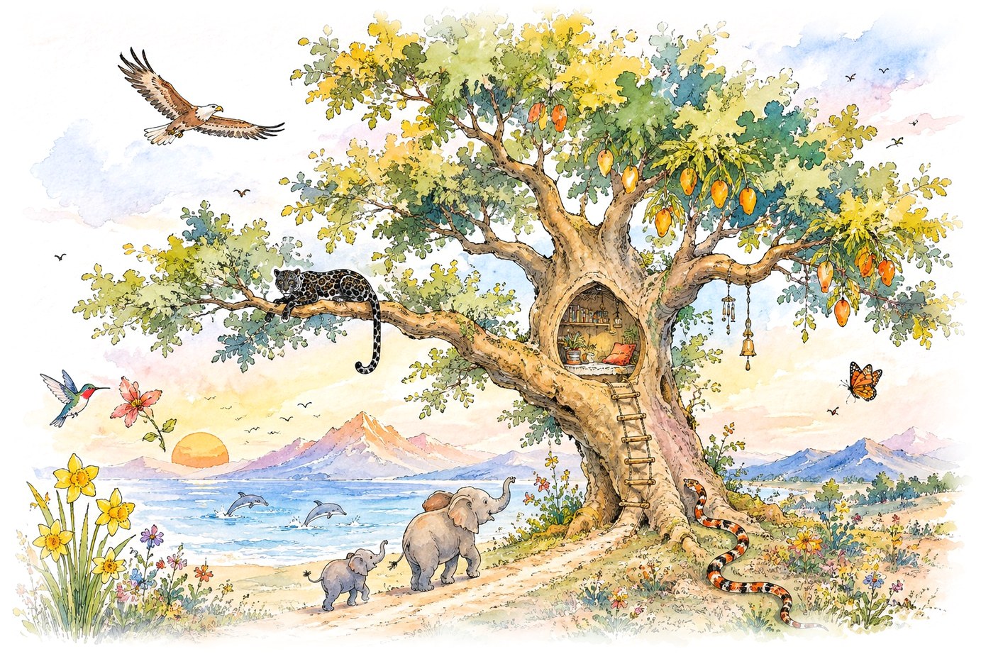 Watercolour illustration of a great tree at the meeting of many trails, with mountains, sea and animals gathered around it
