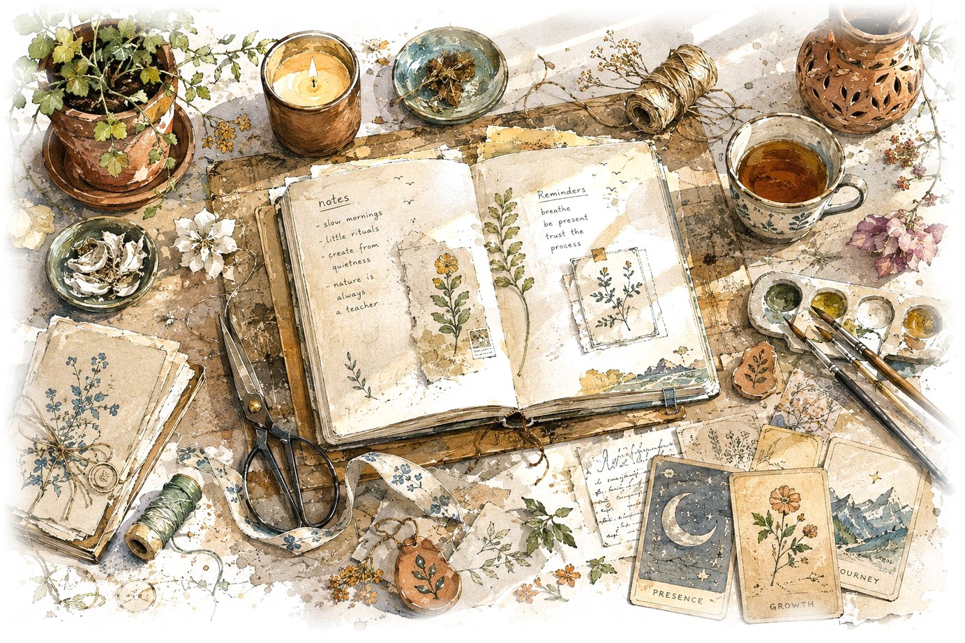 Watercolour illustration of a maker's desk from above — an open journal with handwritten notes, pressed botanicals, scissors, thread, a candle, paintbrushes, oracle cards and a cup of tea, sunlight falling across the desk
