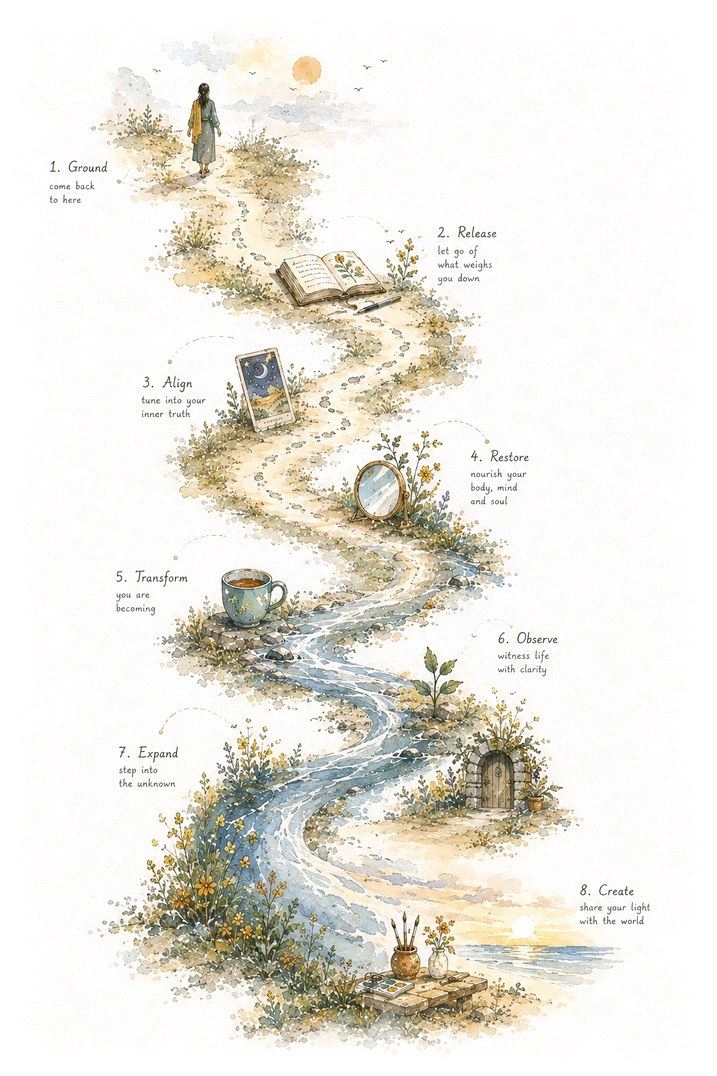 Watercolour illustration of a winding trail becoming a river, with small markers along the way