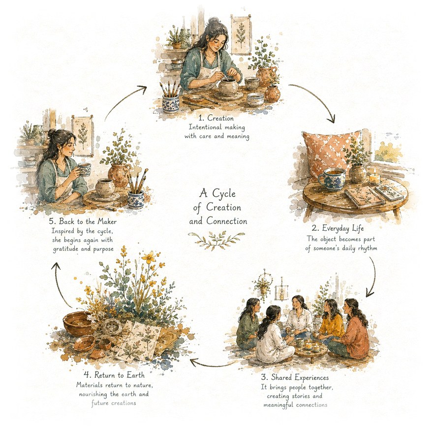 Watercolour illustration of a continuous circular cycle: a craftsperson creating an object, the object entering someone's everyday life, a group gathering around shared experiences, materials returning to the earth, and returning again to the craftsperson